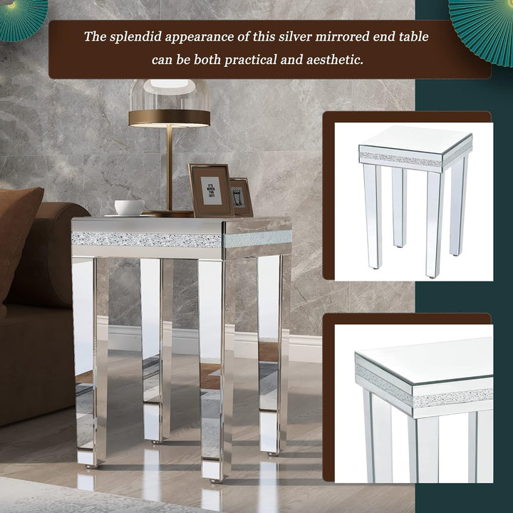 Modern Glass Mirrored Side Table with Crystal Design, Silver