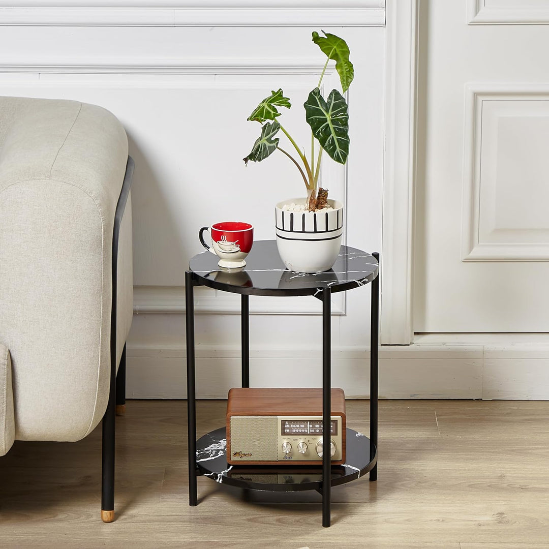 2 Tier Round Side Table, Faux Marble Black Accent Table