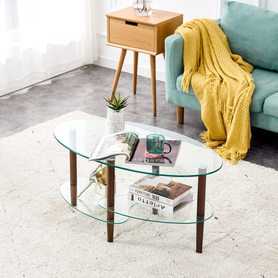 Elegant Oval Glass Coffee Table with Oak Wood Legs, Brown