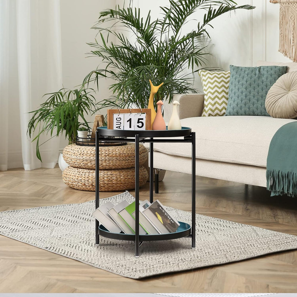 2 Tier Round Side Table, Folding Black Metal End