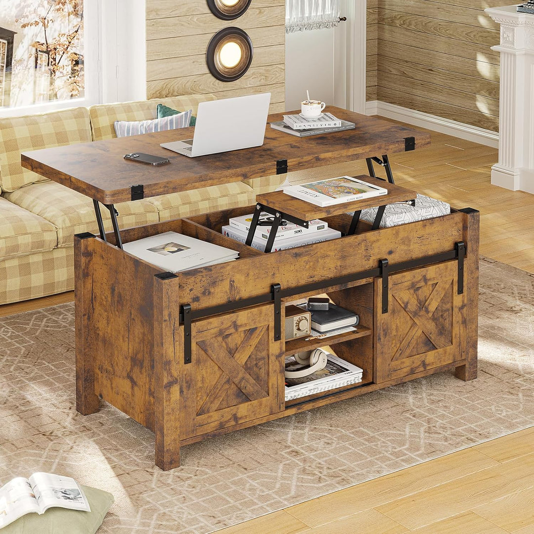 Rustic Lift-Top Coffee Table, Convertible 4-in-1 with Storage, Rustic Brown