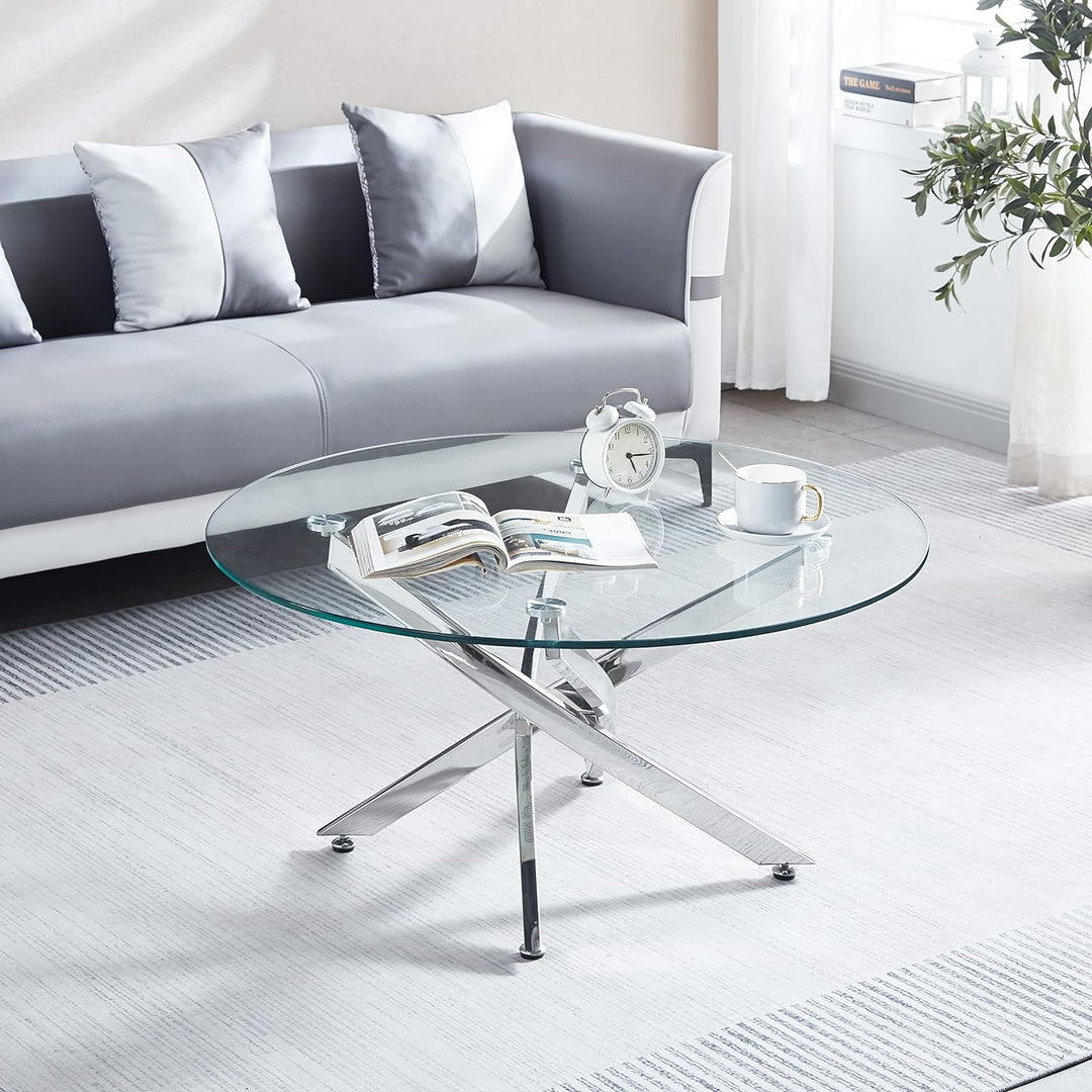 Pvillez Modern Glass Coffee Table, Round Center Table, Silver