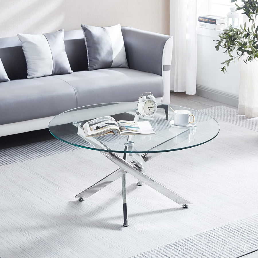 Pvillez Modern Glass Coffee Table, Round Center Table, Silver