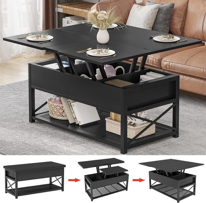 Lift Top Coffee Table with Storage, 3-in-1 Multi-Function, Black