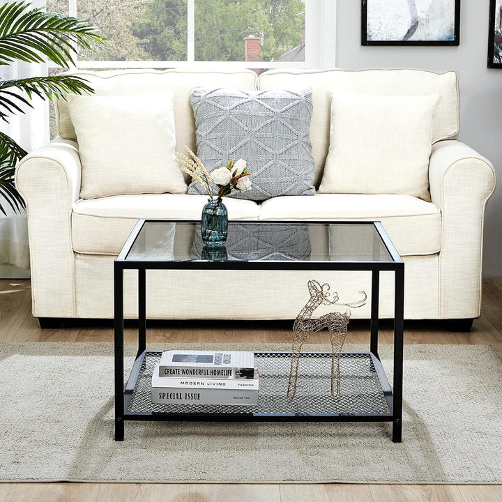 Modern Glass Coffee Table with Storage, Industrial Square Center Table