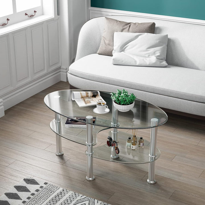 Tempered Glass Coffee Table, 3-Tier Steel Tea Table, Clear Glass