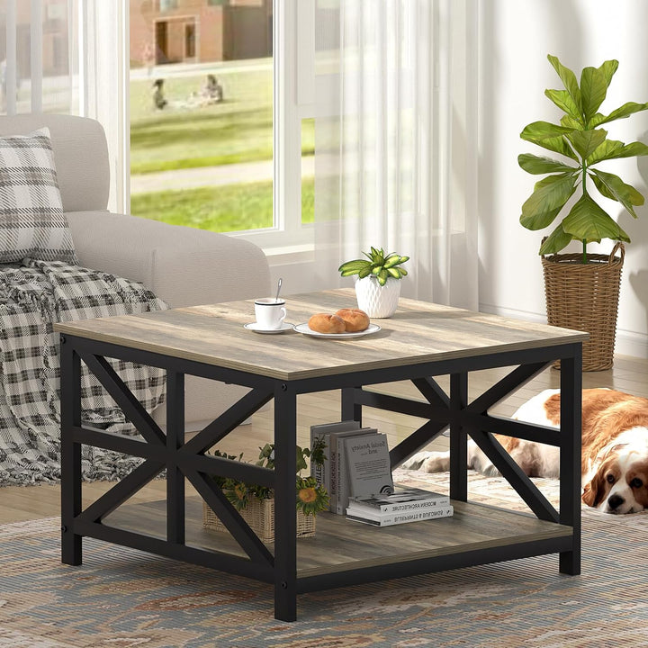 Farmhouse Coffee Table with Storage, Small Split Tabletop, Grey Wash