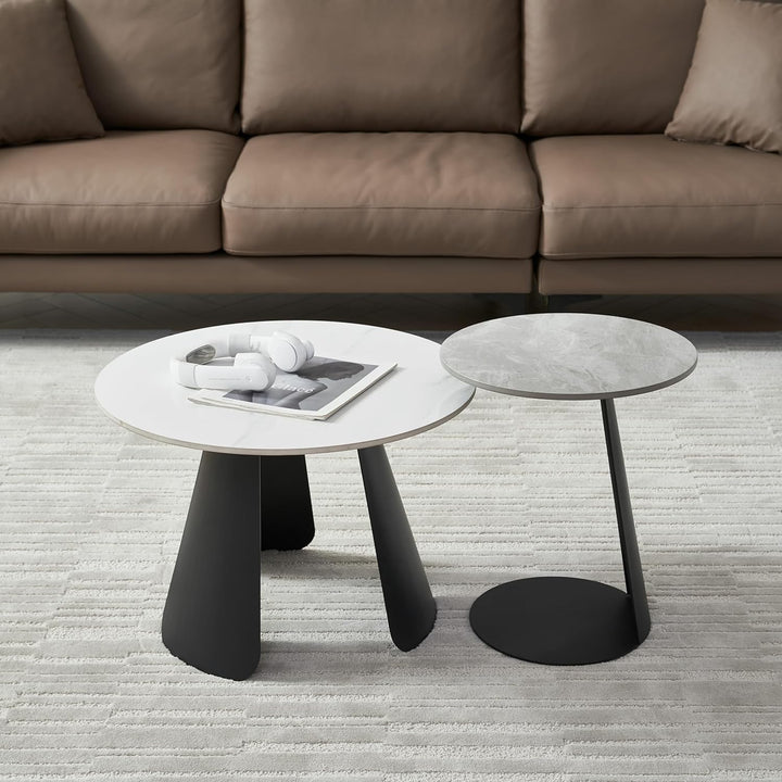 Round Coffee Table Set, Modern Nesting End Tables, Marble Accent Tables, 23.6''-black