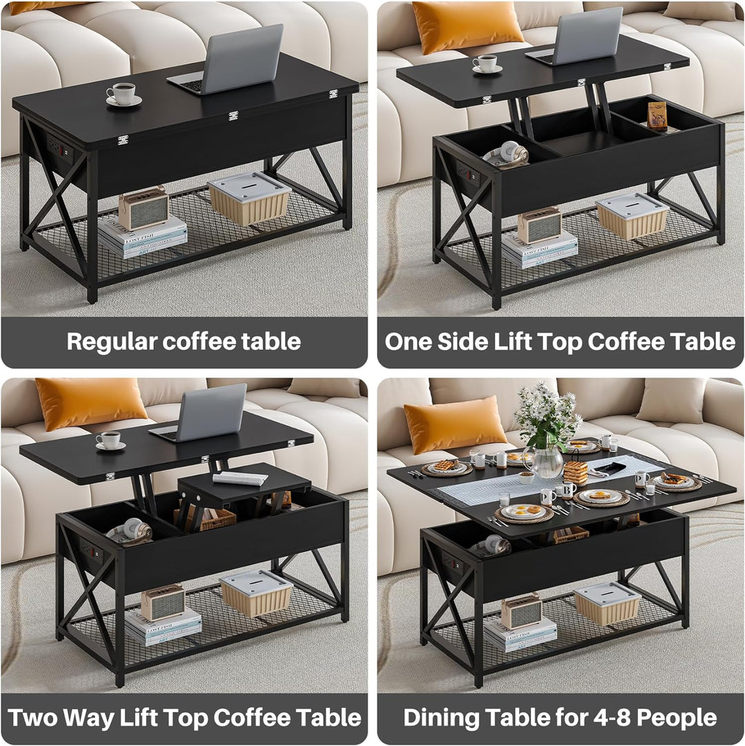 43" Lift Top Coffee Table, Charging Station, Converts to Dining, Black