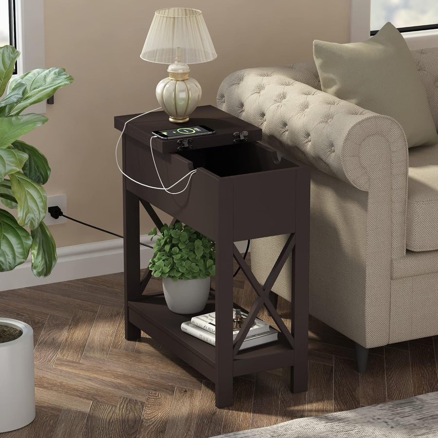 End Table w/ Charging Station, Flip Top Side Table