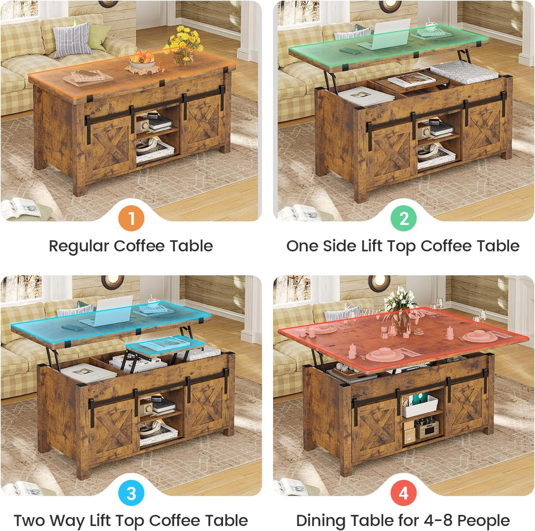 Rustic Lift-Top Coffee Table, Convertible 4-in-1 with Storage, Rustic Brown