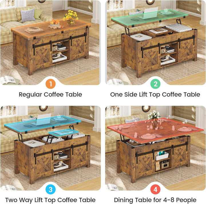 Rustic Lift-Top Coffee Table, Convertible 4-in-1 with Storage, Rustic Brown