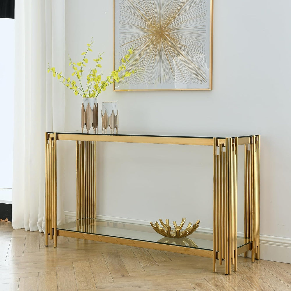 Modern Glass Console Table, Gold Finish