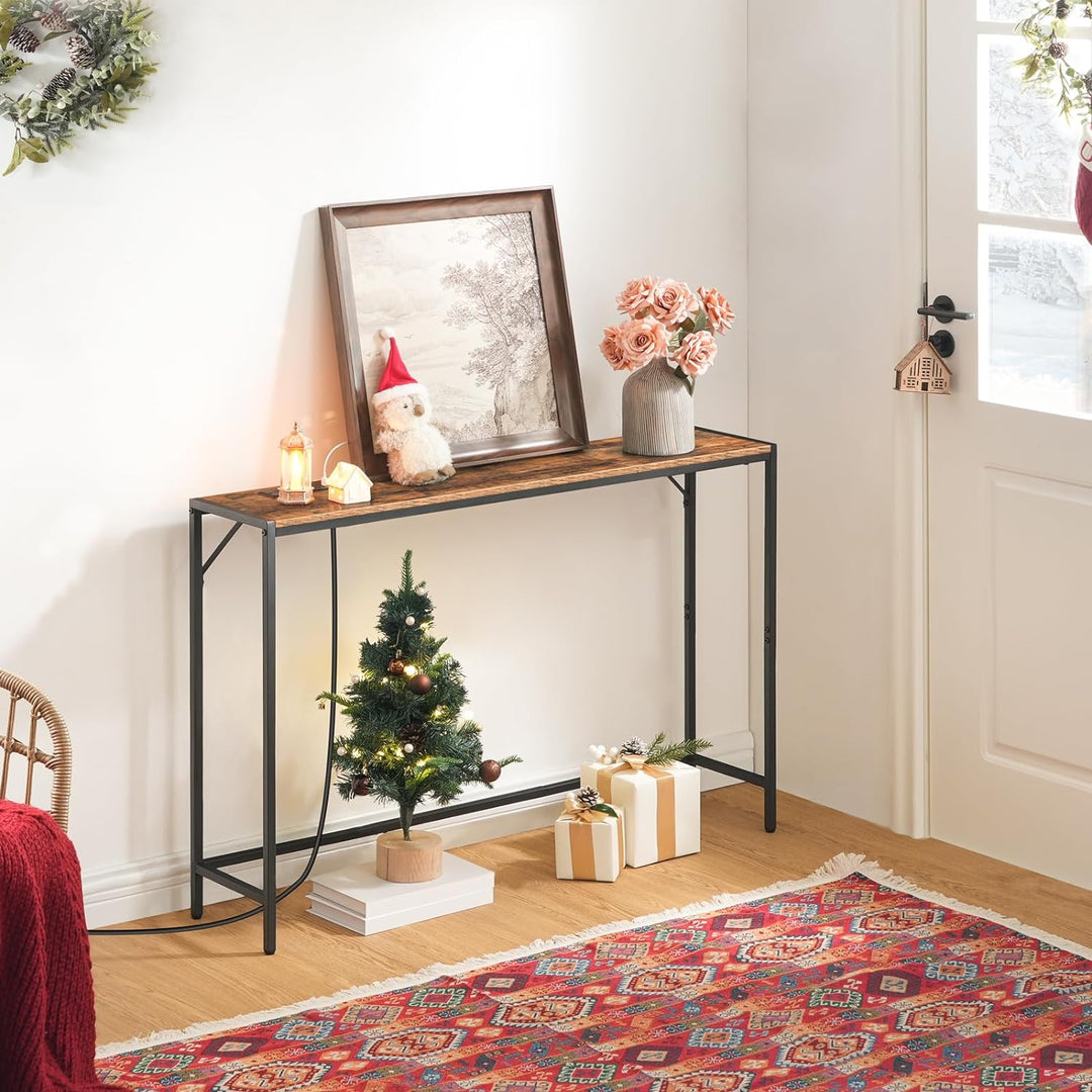 Console Table, Narrow Sofa Table, 43.3" Entrance Table with Power Station, Rustic Brown and Black CTHR112E01