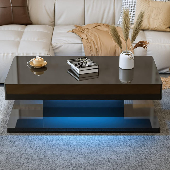 Modern LED Coffee Table with Drawer, Black High Glossy Rectangle Coffee End Table with 16 Color Lighting