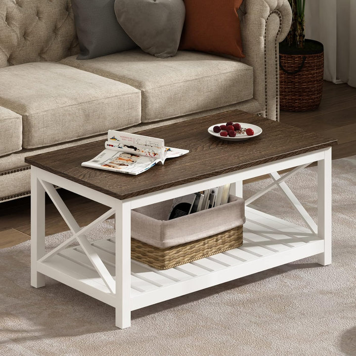 Rustic Farmhouse Coffee Table with Shelf, Vintage Finish White