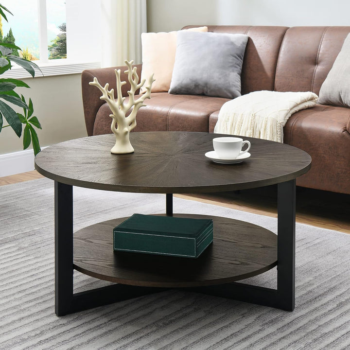 Rustic Round Coffee Table with Storage Shelf, Farmhouse Cocktail Table, Brushed Black