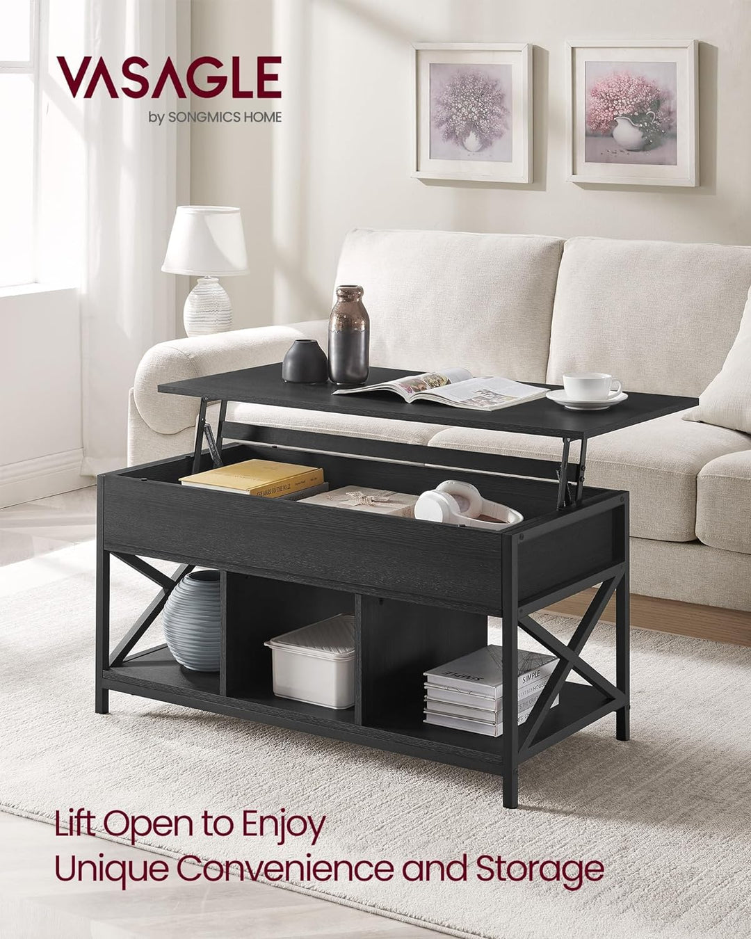 VASAGLE Lift Top Coffee Table with Hidden Storage, Black Wood