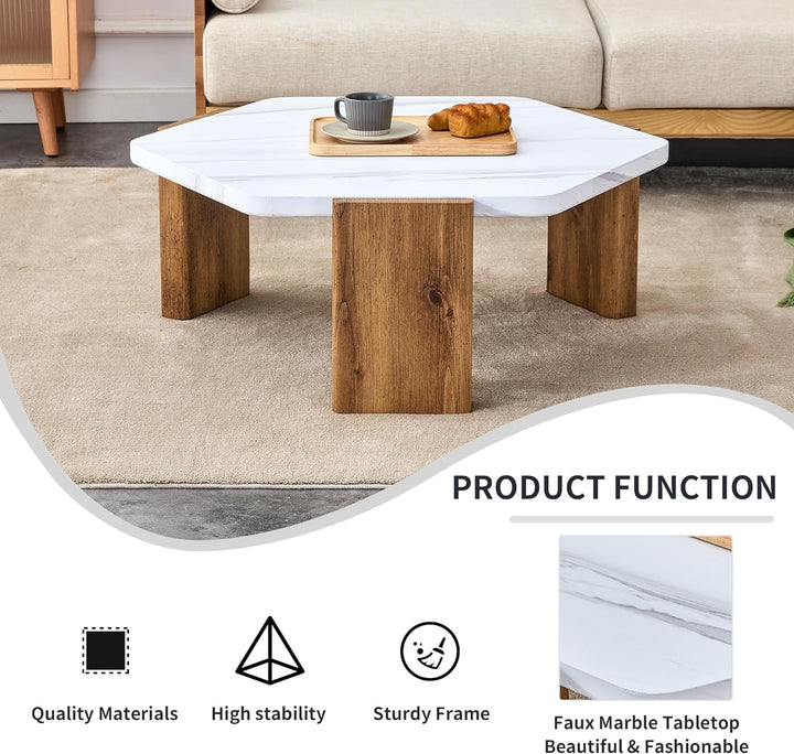 Stylish Hexagonal Coffee Table, White Marble Top, Wooden Legs