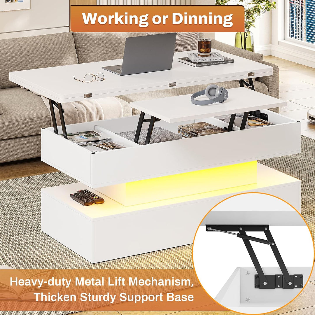 Lift Top Coffee Table with Storage and LED Light, White