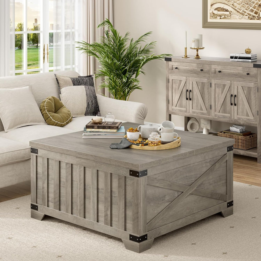 HOSTACK Farmhouse Coffee Table with Storage, Vintage Wood Cocktail Table, Ash Gray