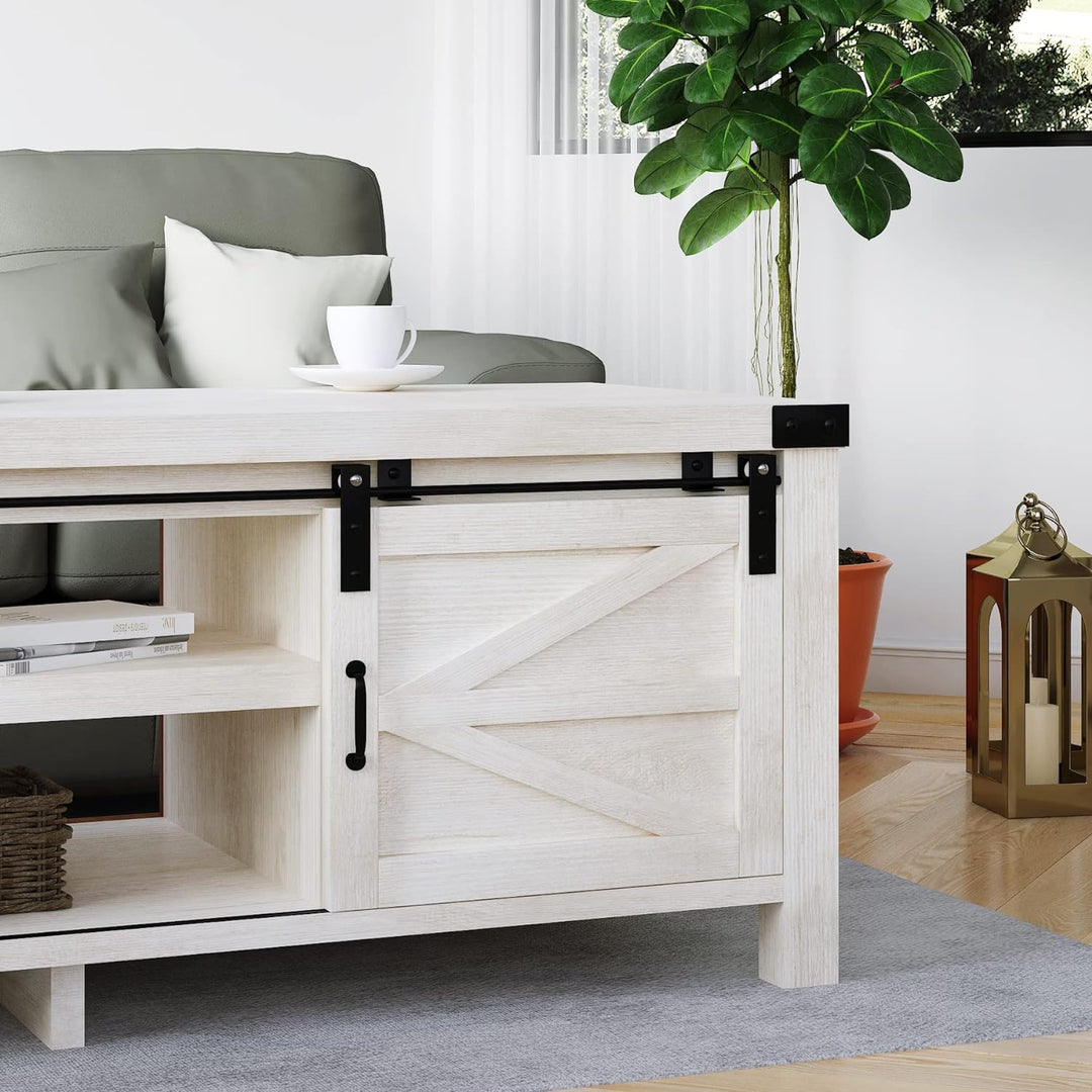 Farmhouse Coffee Table with Hidden Storage, Sliding Barn Doors, Wash White