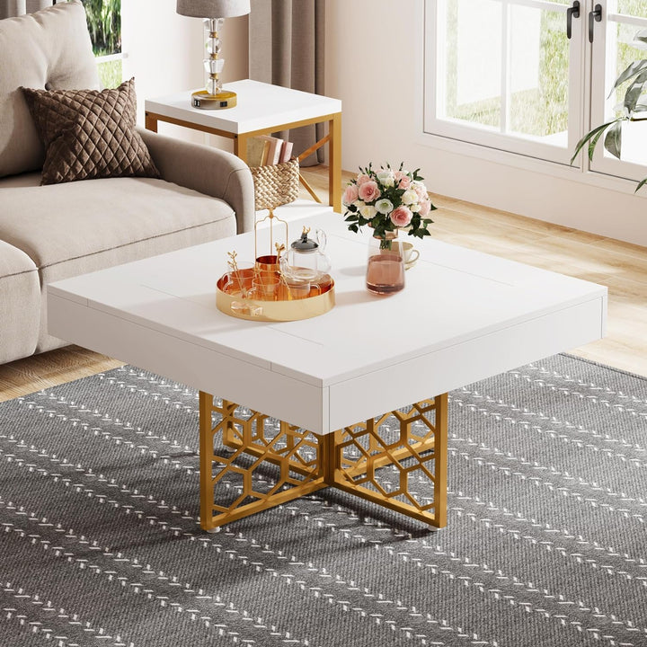 Elegant White and Gold Square Coffee Table for Living Room