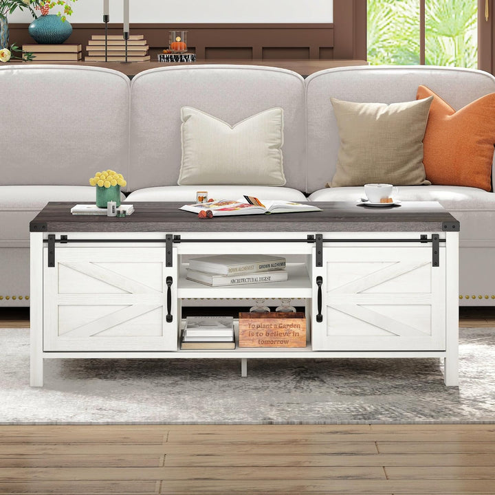 Farmhouse Coffee Table with Hidden Storage, Sliding Barn Doors, White Brown