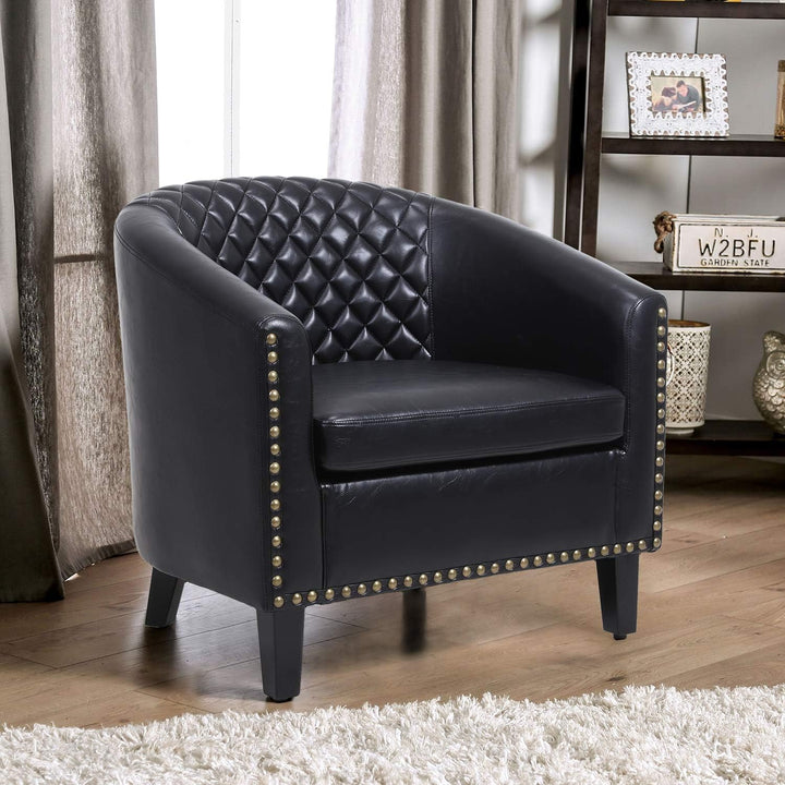 Armchair Barrel Club Chair,Modern PU Leather Accent Chair Arm Club Chair w/Nailheads and Solid Wood Legs,Tub Barrel Style Lounge Chair (Black)