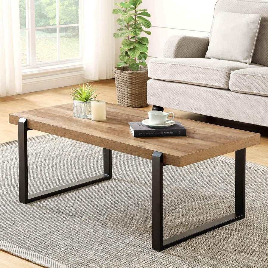 Rustic Coffee Table, Wood and Metal Industrial Cocktail Table, Oak