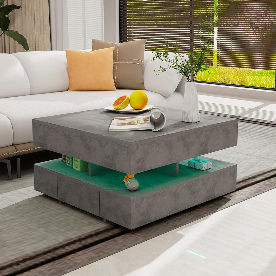 Modern 2-Tier Square Coffee Table, White with 16-Color Lighting