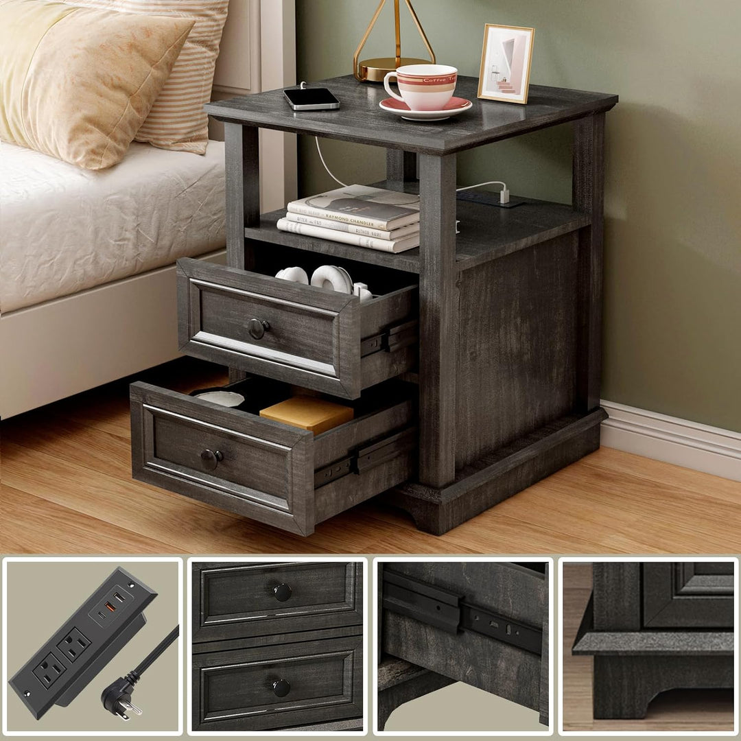 End Table w/ USB C Charging,24" Sofa Side Table,2 Drawers