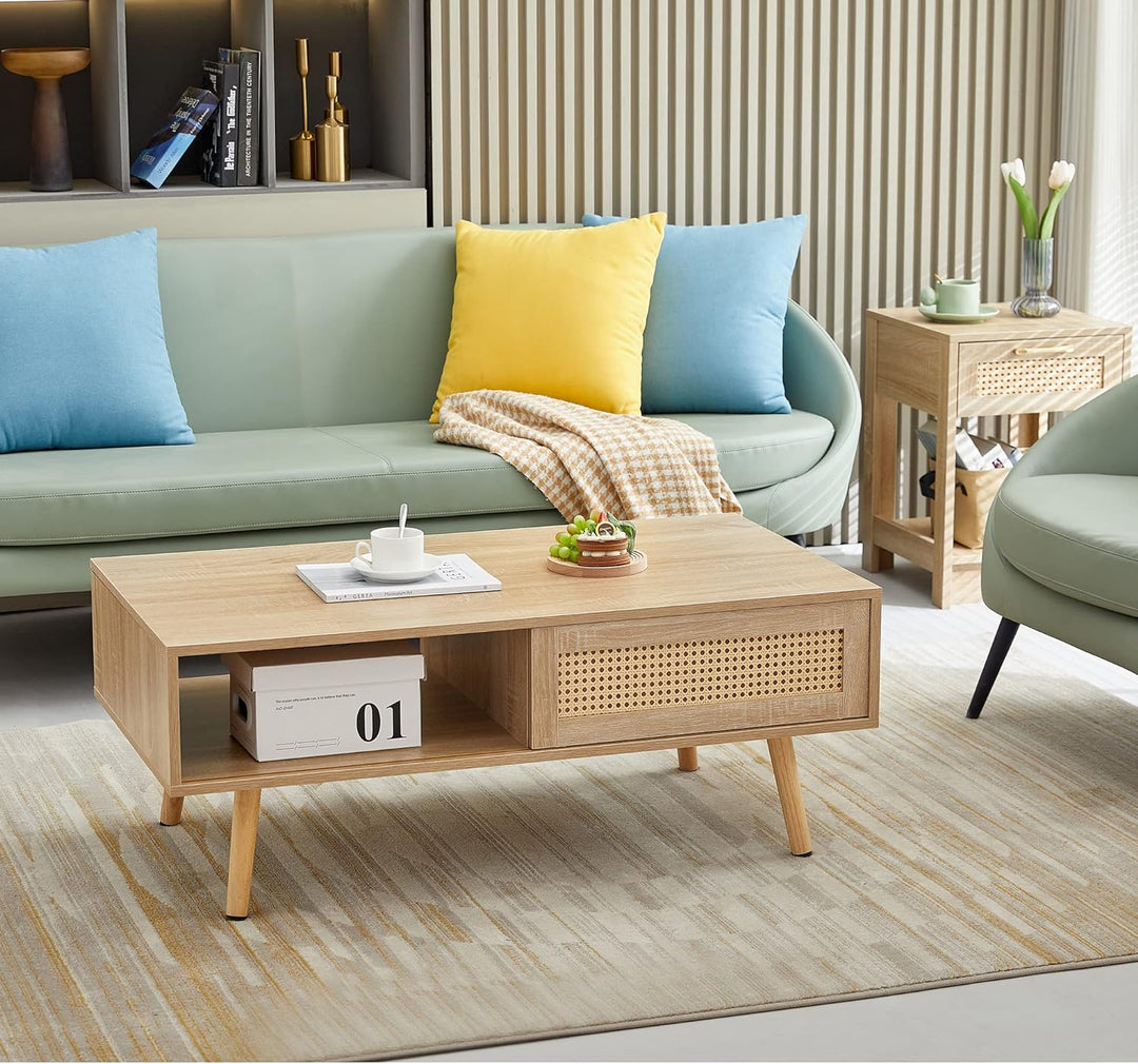 Modern Rattan Coffee Table, Sliding Door, Solid Wood, F-natural