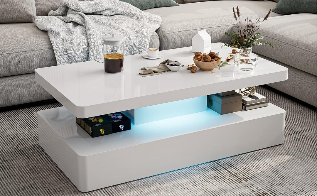 Modern High Glossy White Coffee Table with LED Lights, Contemporary