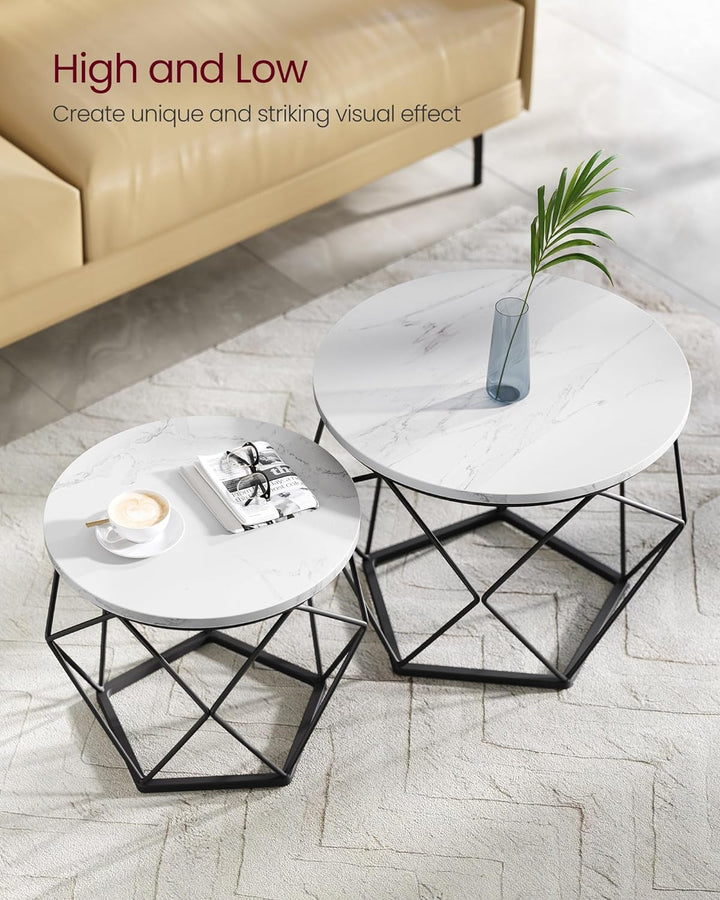 Stylish Small Coffee Table Set, Round Side Tables, Marble White Black