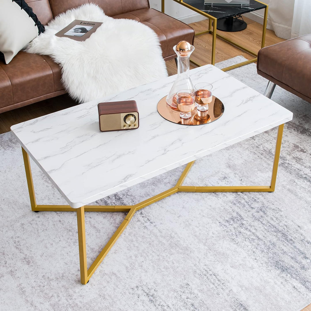 Modern Coffee Table with Faux Marble Top, Golden Legs, White, Golden