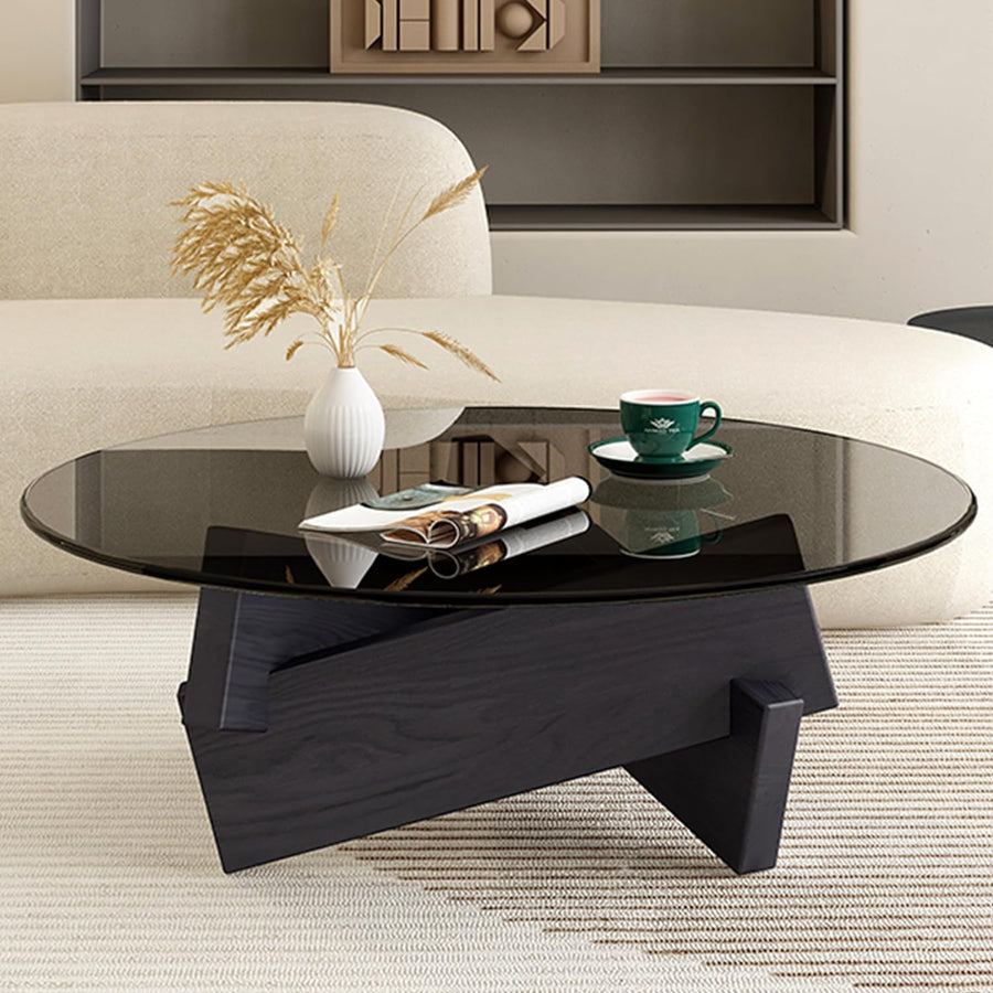 Stylish Round Glass Coffee Table, Solid Wood Legs, Black Gray