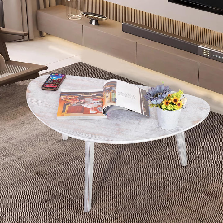 Rustic White, Small Oval Coffee Table, Mid-Century Modern Chic