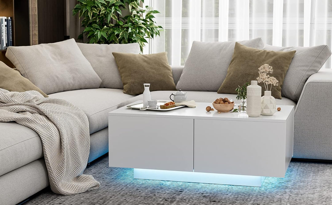 Modern White LED Coffee Table with 4 Drawers, 16 Color Lighting