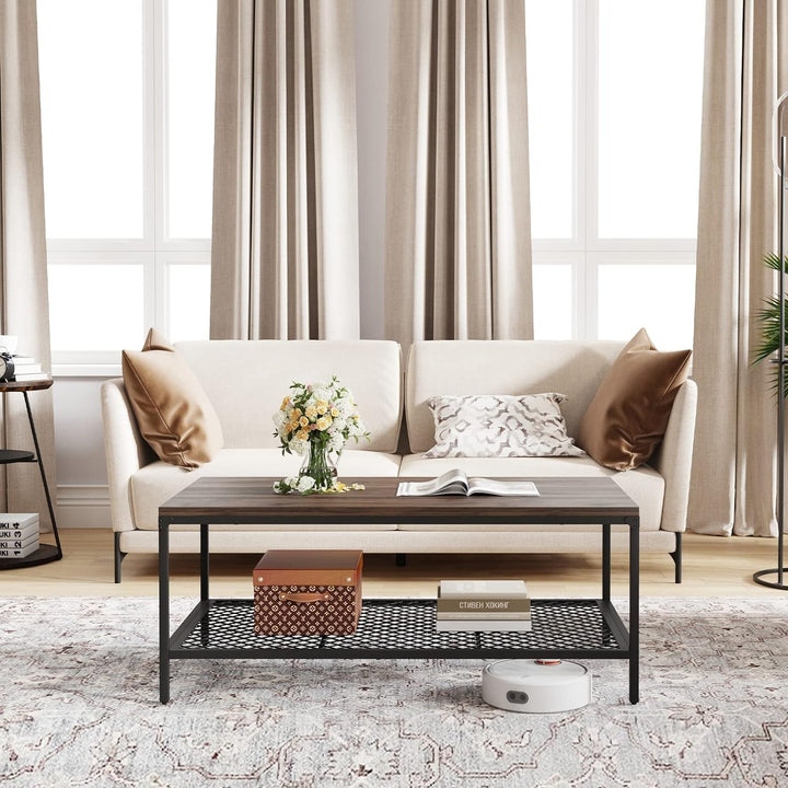 Farmhouse Wood Coffee Table with Storage Shelf, Walnut