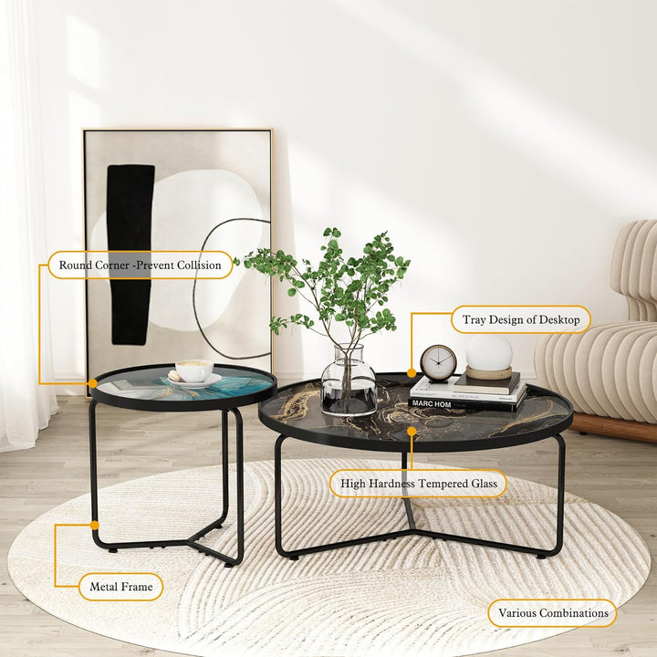 Black Coffee Table and Blue End Table, Modern Nesting Table Set