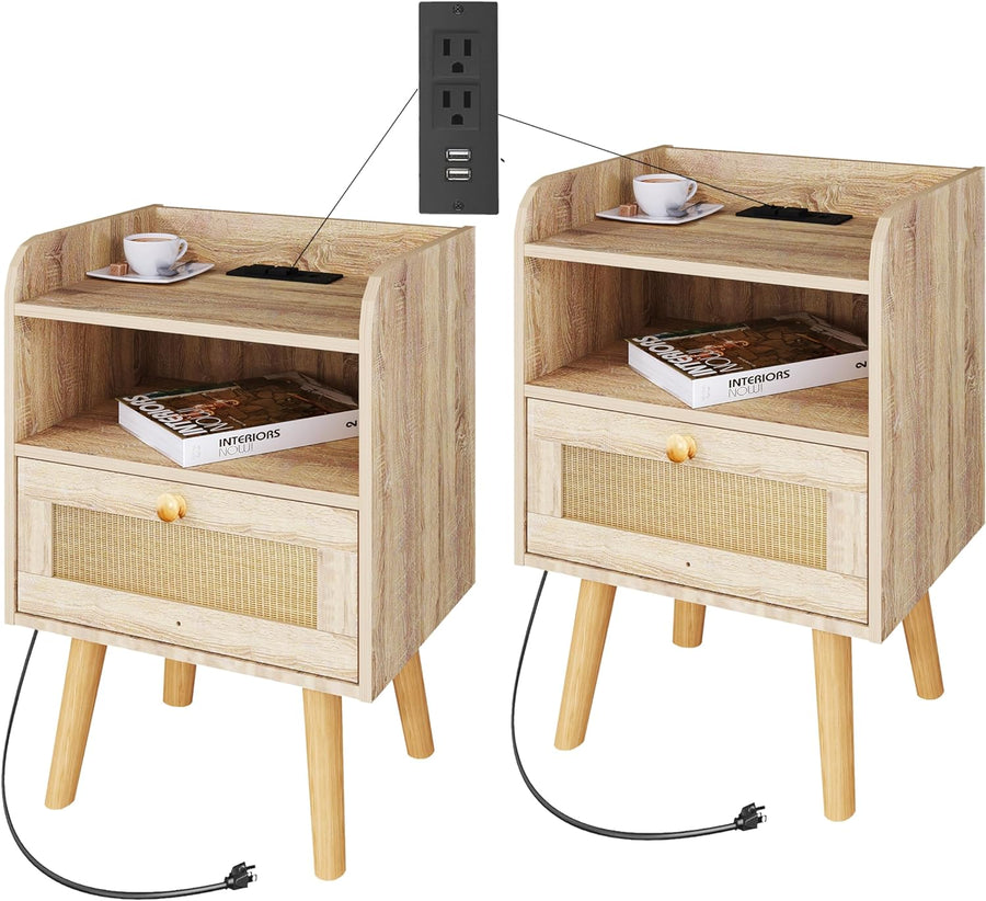 Nightstand Set of 2 with Charging Station & Drawer