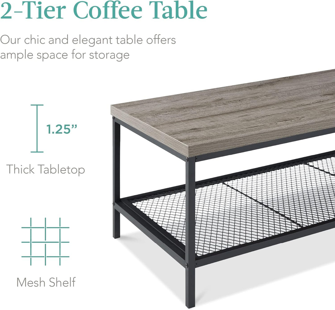 Modern 2-Tier Industrial Coffee Table, Rectangular Wood Grain Top, Gray