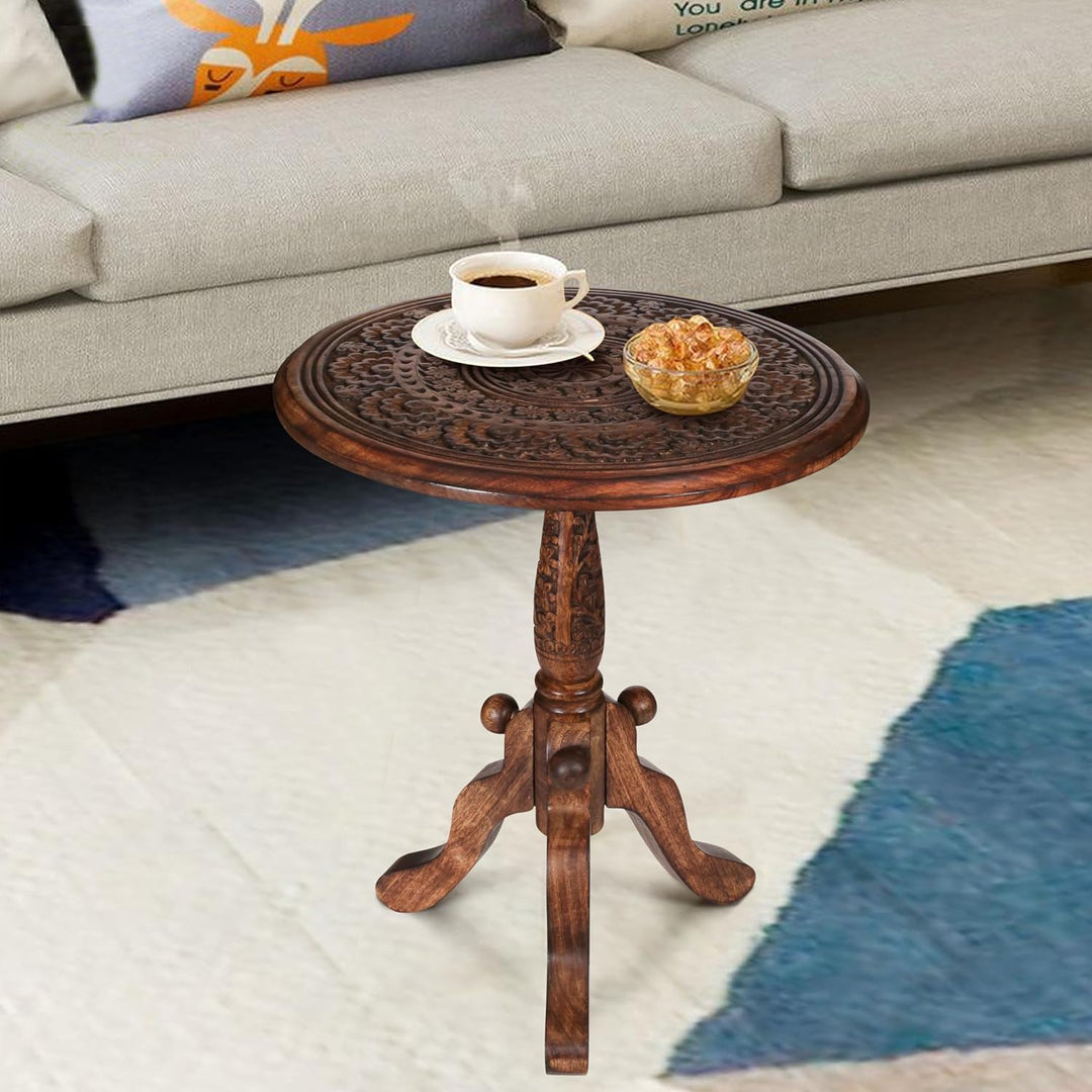 Round Carved Wood Accent Table with Pedestal Base