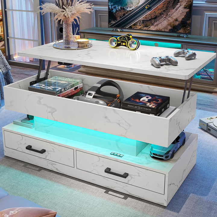 Elegant Lift-Top Coffee Table, Storage, LED Light, White Marble