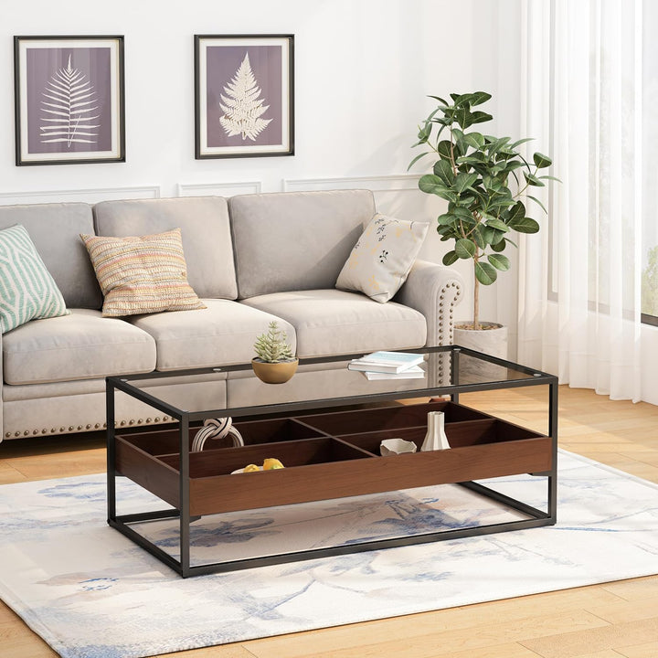 Modern Tempered Glass Coffee Table, 2-Tier with Storage Black, Brown