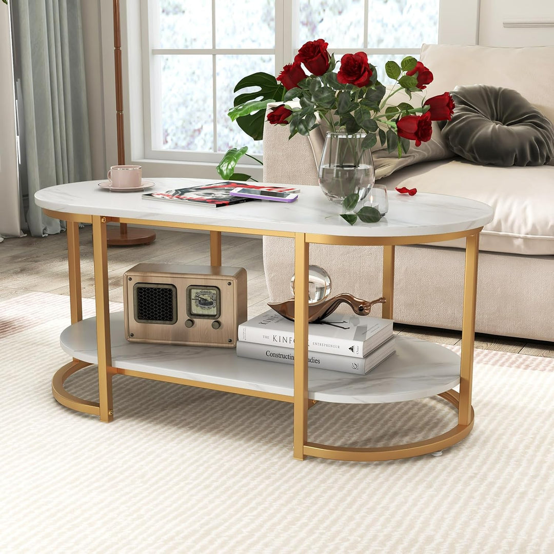 Modern Oval Coffee Table, Faux Marble White & Gold