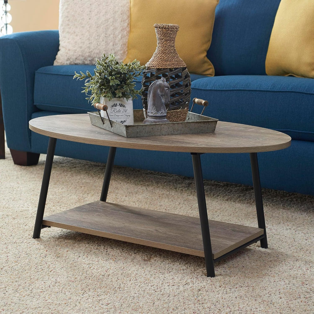 Rustic Oval Coffee Table with Storage Shelf, Distressed Ashwood