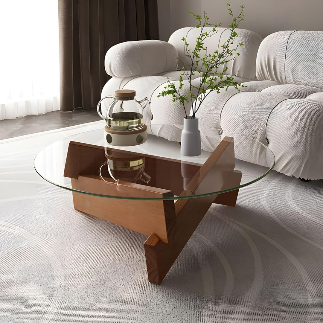 Stylish Round Glass Coffee Table, Walnut Transparent