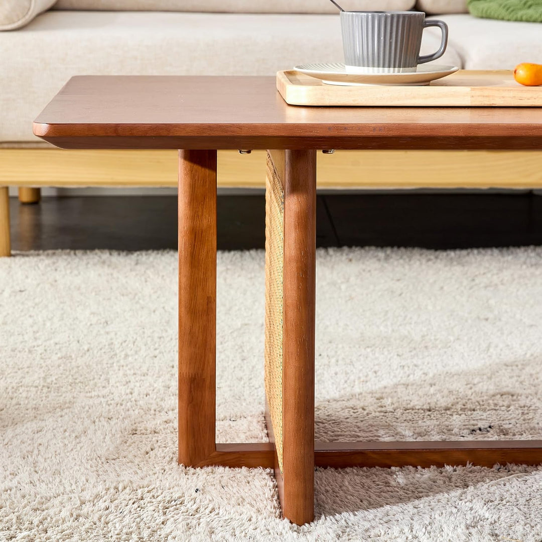 Mid Century Modern Wood Coffee Table with PE Rattan Stand